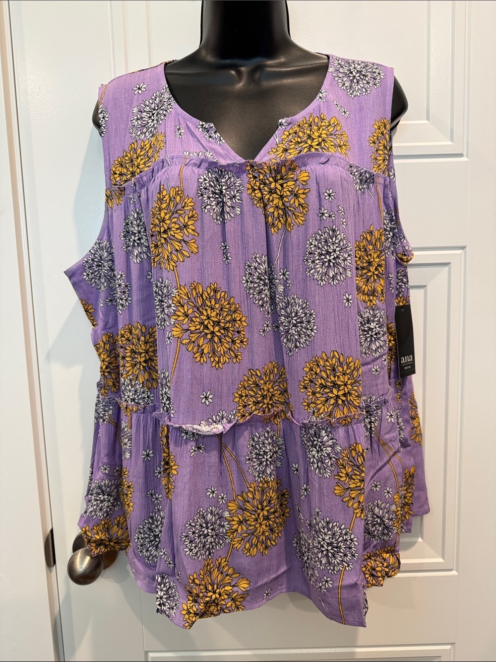 a.n.a Purple Sleeveless Peplum Tunic with Yellow Floral Print